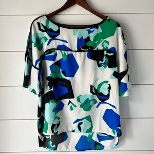 Calvin Klein satin white with green and blue patterned short sleeve shirt. Small